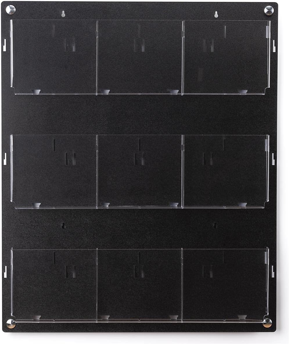 Displays2go Wall Mount Acrylic Brochure Holder, 9-18 Adjustable Pockets, Tiered Design - Black