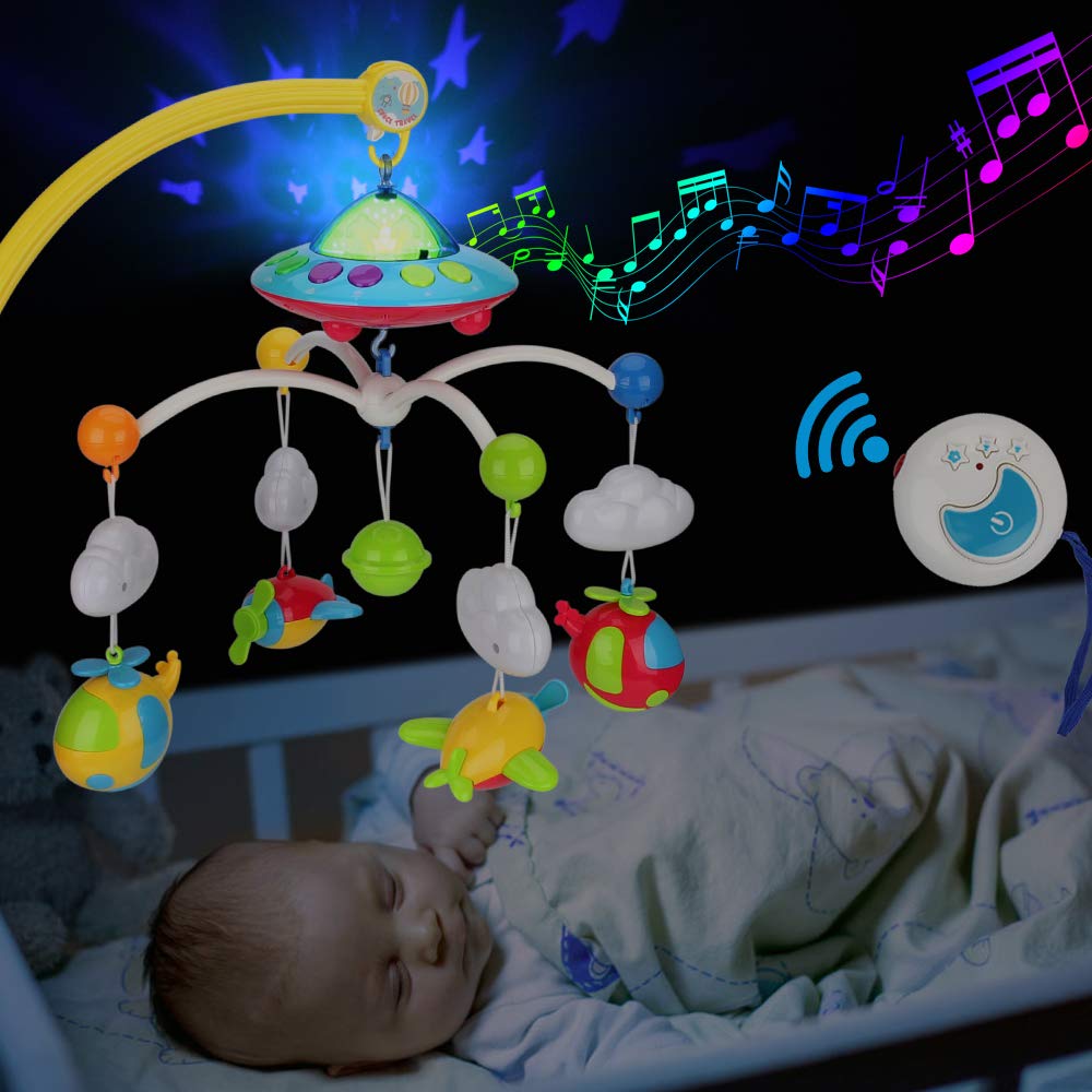 Baby Musical Crib Mobile with Hanging Rotating Toys, Remote Control, Lights Projector Function
