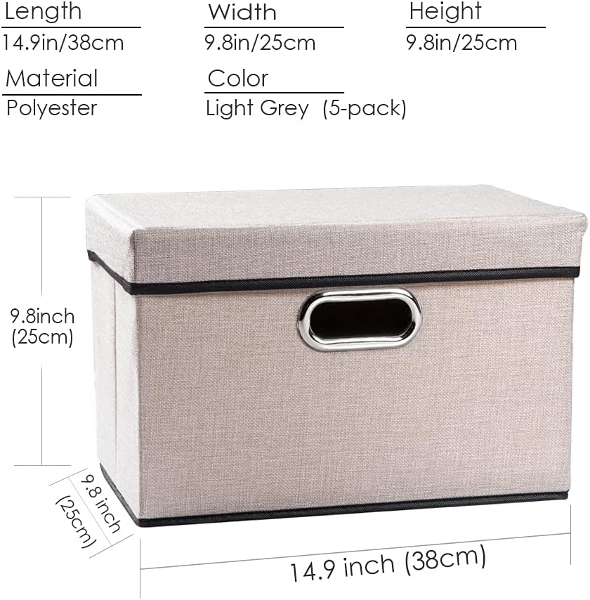 PRANDOM Foldable Storage Bin with Lid [5-Pack] Linen Fabric Decorative Storage Box Organizer