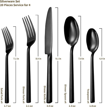 Alata Potter Black 20-Piece Forged Silverware Set with Utensil-Serving Set, Service for 4