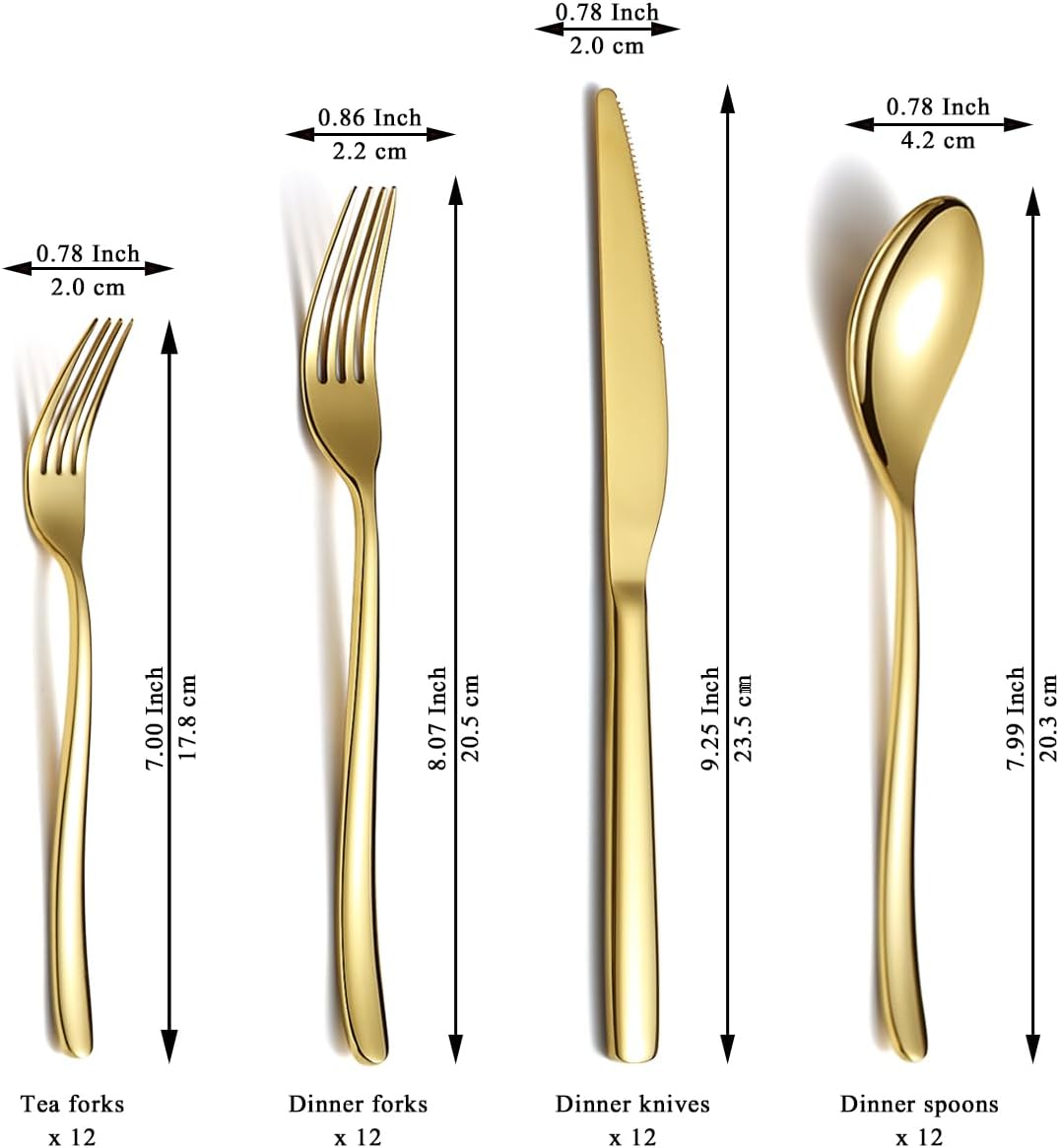 Berglander Gold Silverware Set 48pcs Service for 12, Golden Titanium Plating Stainless Steel