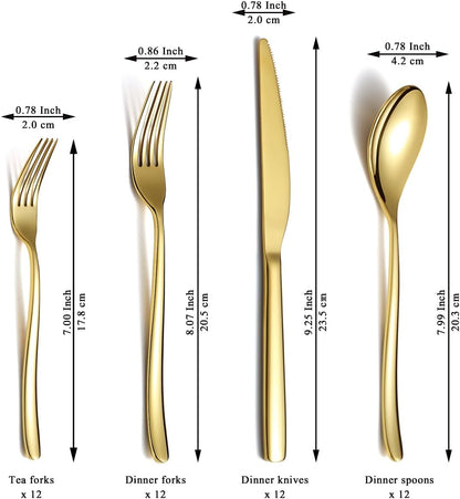 Berglander Gold Silverware Set 48pcs Service for 12, Golden Titanium Plating Stainless Steel