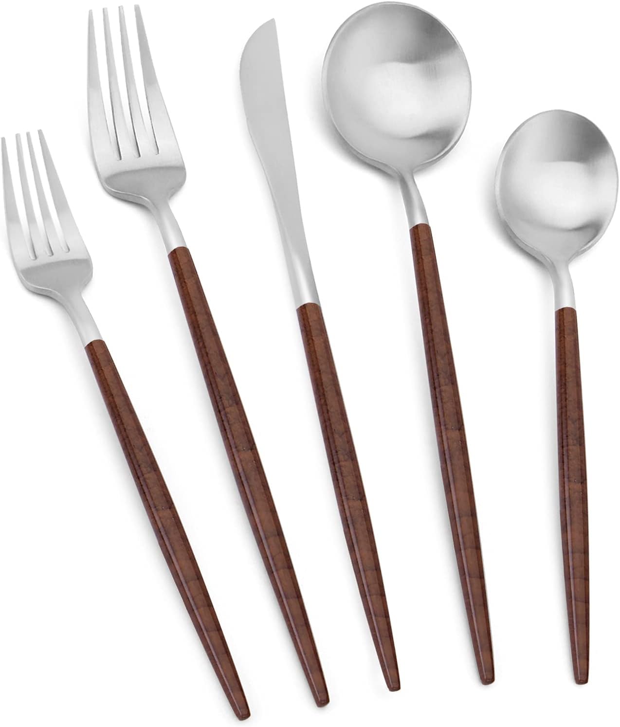 Matte Silver Silverware Set With Brown Handle, Vanys 20 Piece Stainless Steel Cutlery Flatware Set