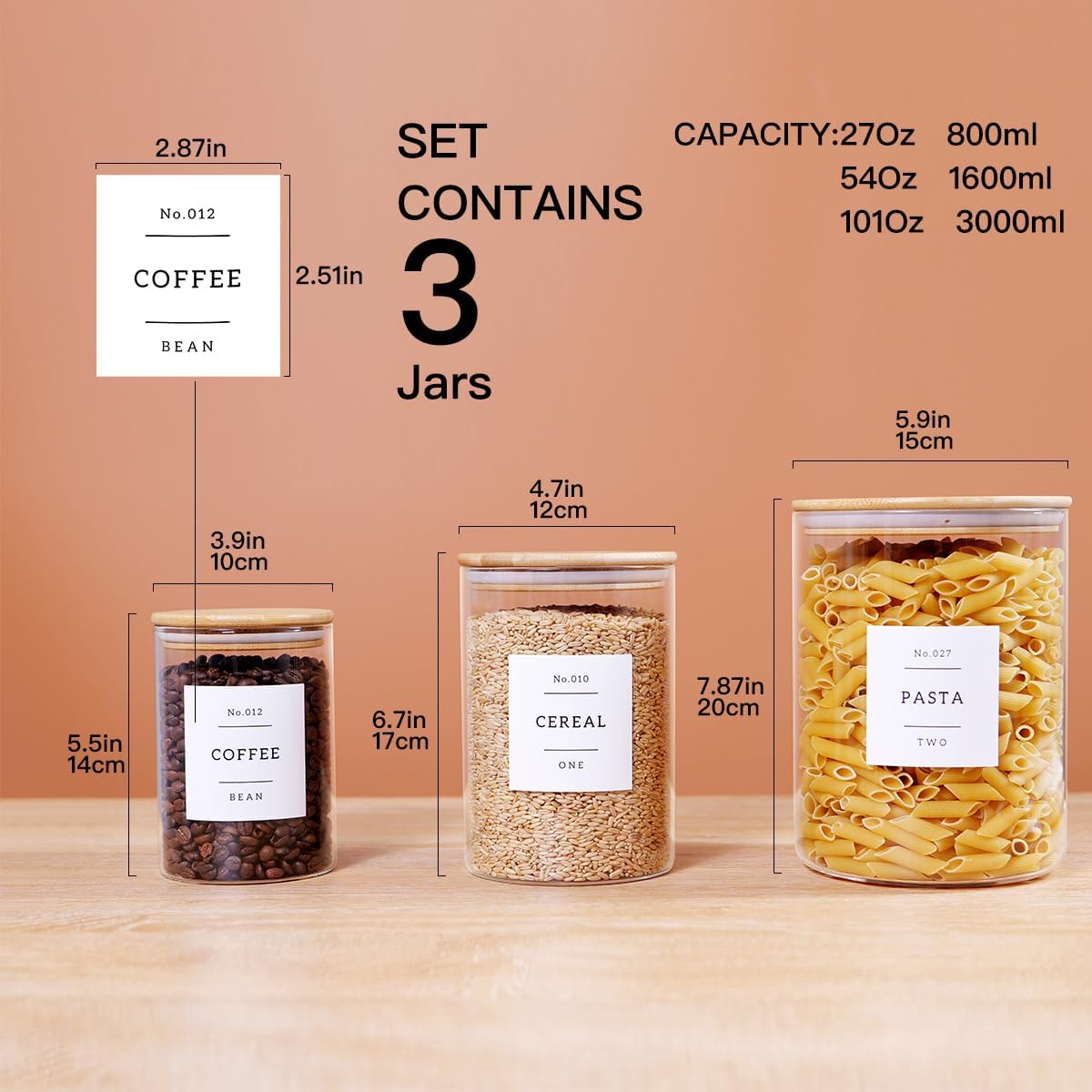 3 Pcs Glass Canisters with Airtight Bamboo Lids and 42 Kitchen Pantry Labels Preprinted - Clear