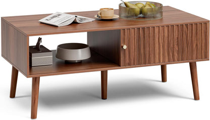 Coffee Table with Storage, Mid Century Dining Table with Sliding Fluted Door and Solid Wood Legs