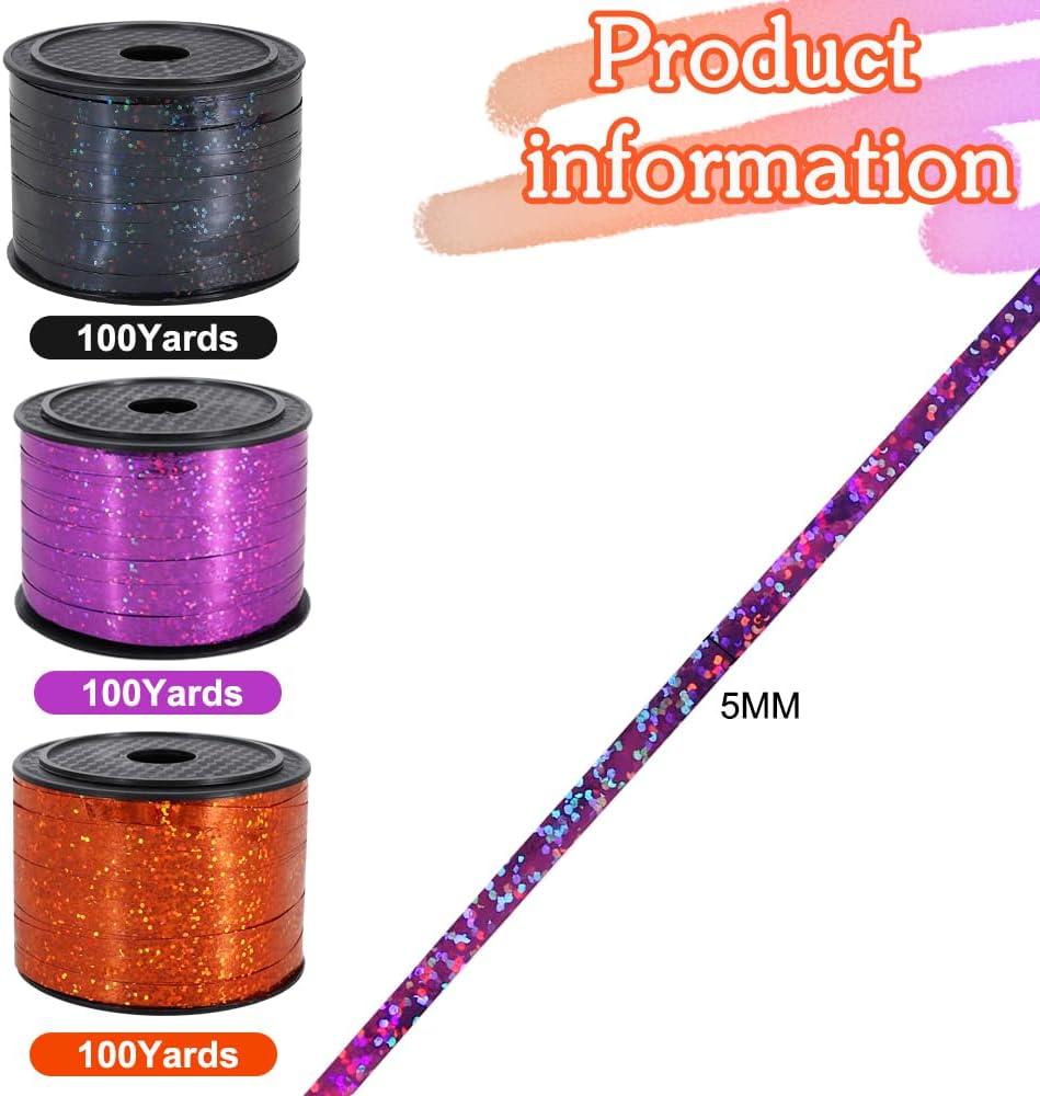 BEISHIDA 3 Pack 100 Yards Black Purlple Orange Curling Ribbon Balloon String Gift Wrapping Ribbon