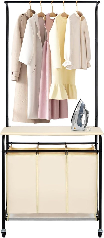 MYOYAY 3 Section Laundry Sorter with Garment Hanging Bar Rack Foldable Ironing Board, Laundry