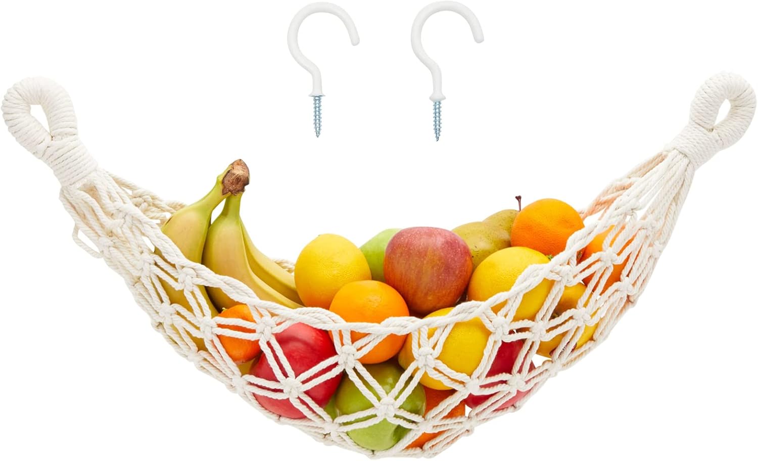 Okuna Outpost Macrame Hanging Fruit Basket Hammock for Kitchen - 6 x 25 x 15 in - White Cotton