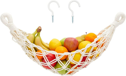 Okuna Outpost Macrame Hanging Fruit Basket Hammock for Kitchen - 6 x 25 x 15 in - White Cotton