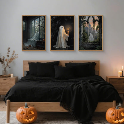 LHIUEM Large Halloween Cute Ghost Framed Canvas Wall Art Set,Vintage Spooky Wall Decor,Retro Dark