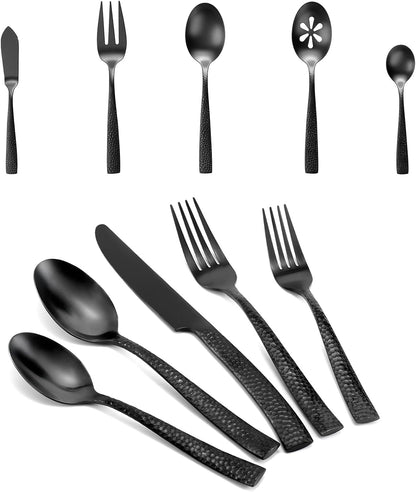Silverware 45-Piece Matte Black Hammered Flatware Set with Serving Utensils, Stainless Steel Thick