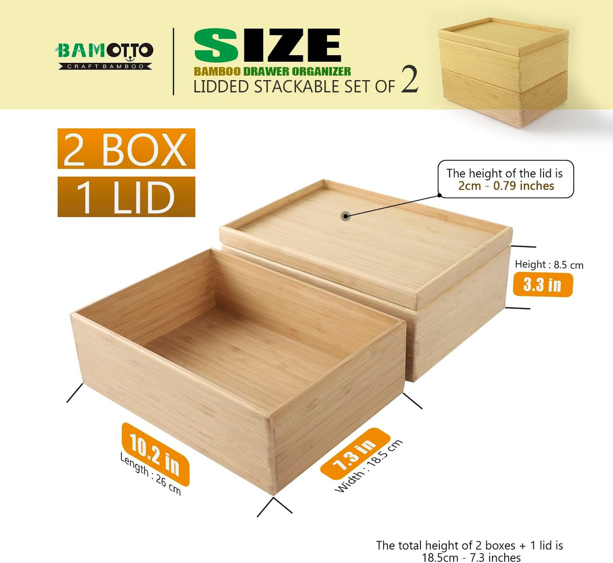 Stackable Bamboo Drawer Organizer Set – 2 Boxes with 1 Lid | Wood-Laminated Trays for Kitchen