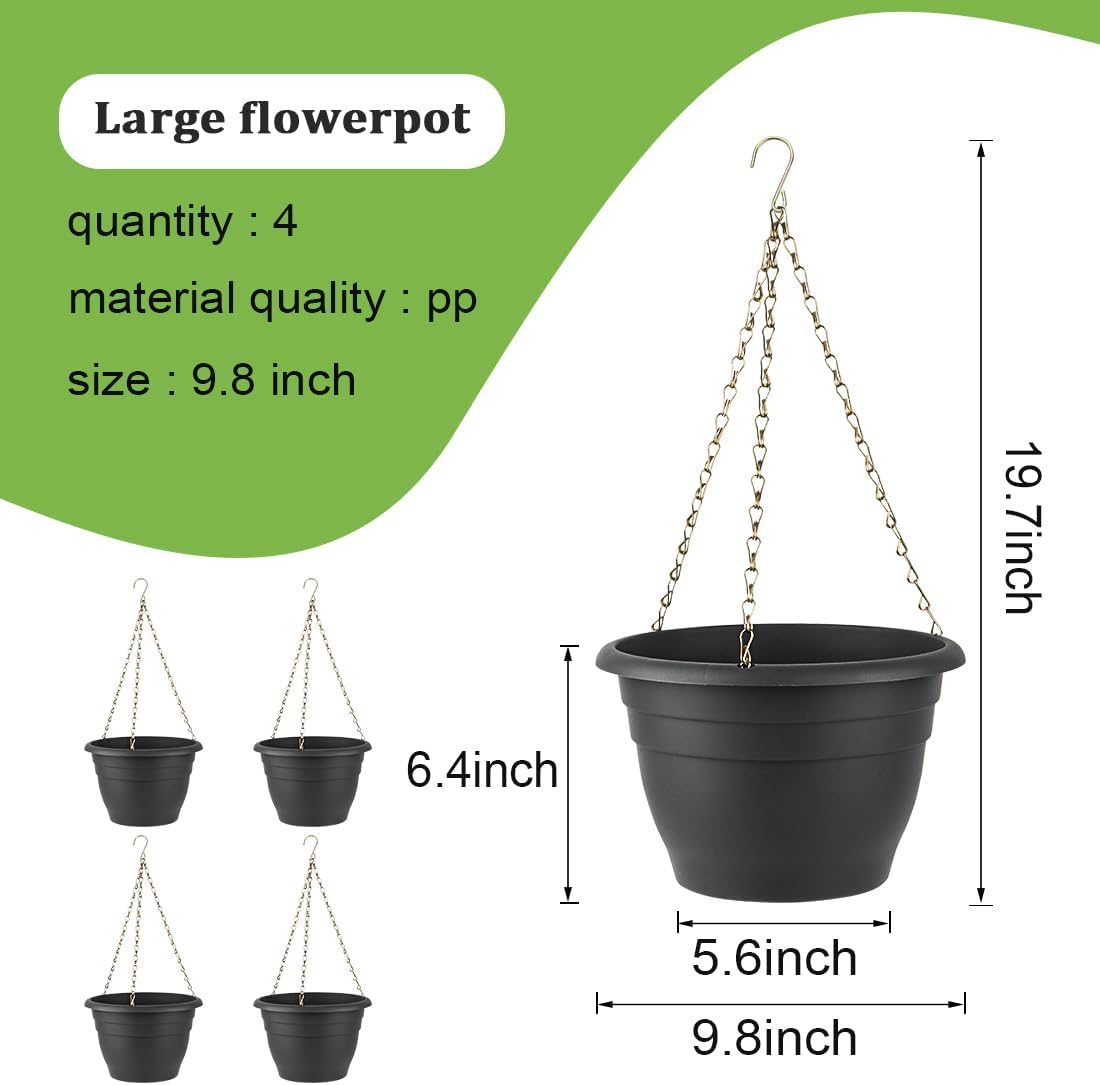 Hanging Planters 10 Inch, 4 Pcs Flower Pots with Drainage Hole, Self Watering Hanging Basket for