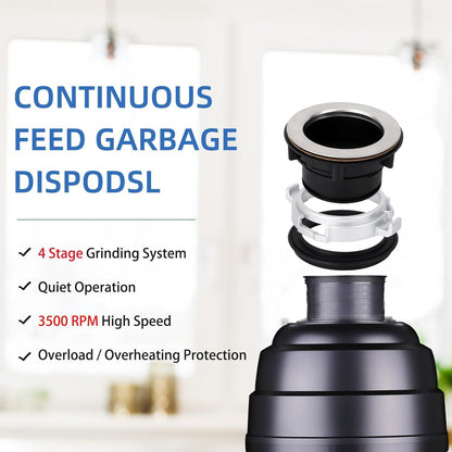 Powerful 1HP Stainless Steel Garbage Disposer, Dishwasher-Friendly and Continuous Feeding Waste