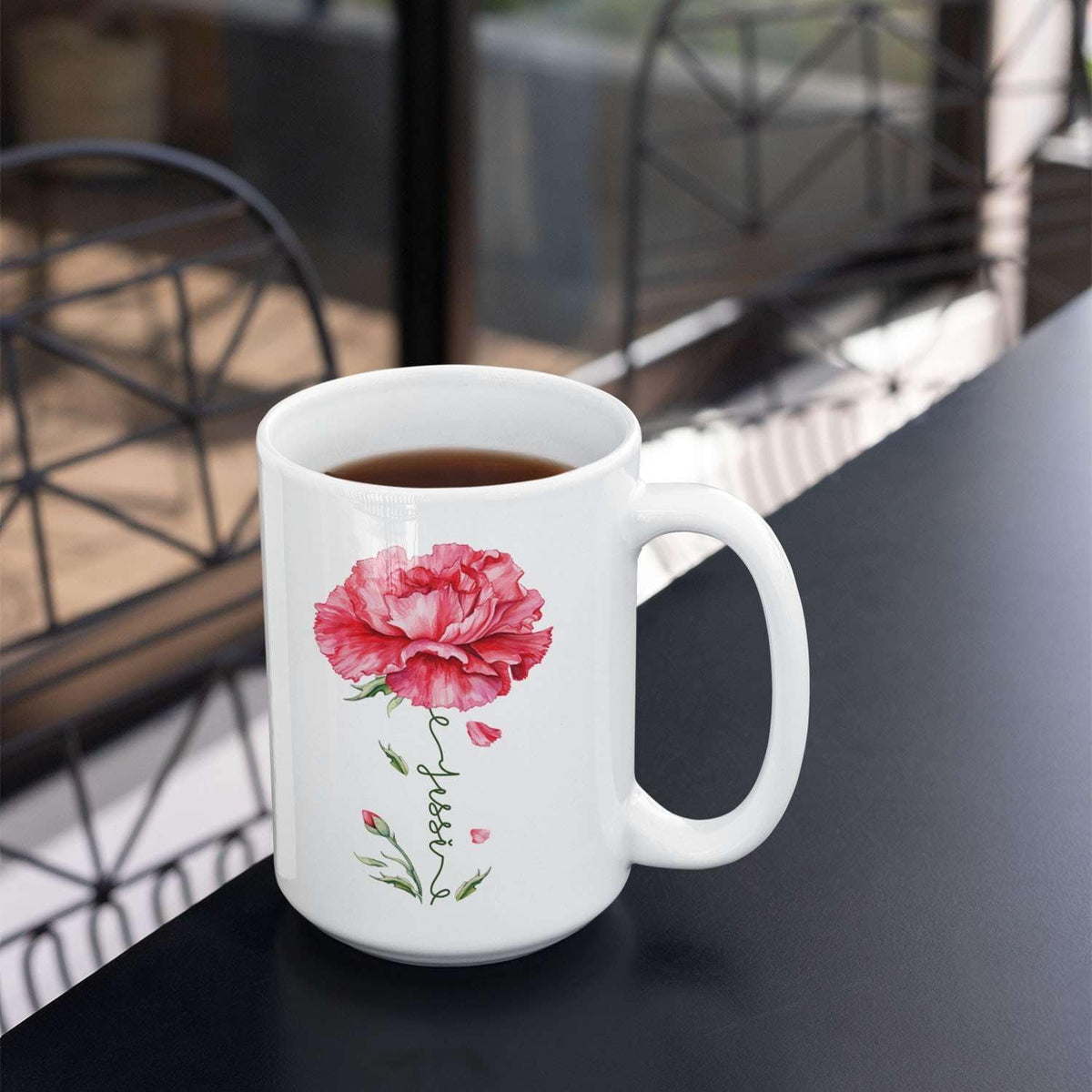 Personalized Floral Carnation Mug, Customized Name On Flower Coffee Cup, Unique Ceramic Tea Mug