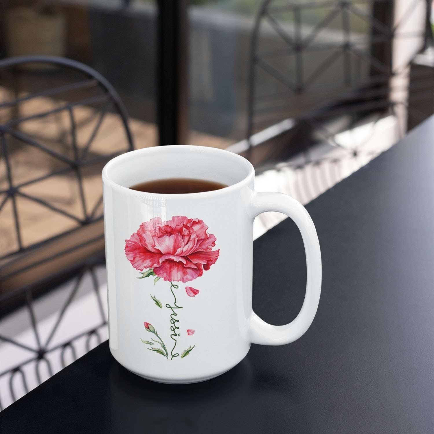 Personalized Floral Carnation Mug, Customized Name On Flower Coffee Cup, Unique Ceramic Tea Mug