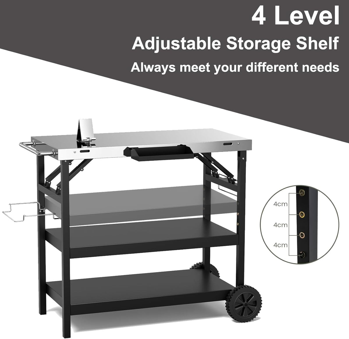 ERGOMASTER Grill Table Cart, Outdoor Kitchen Island with 4-Position Adjustable Shelf, Stainless