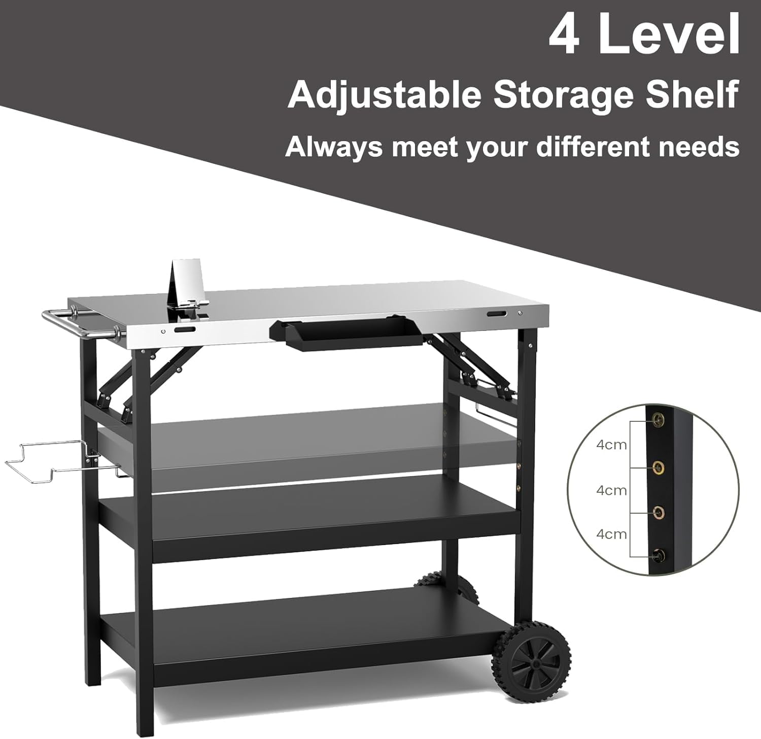 ERGOMASTER Grill Table Cart, Outdoor Kitchen Island with 4-Position Adjustable Shelf, Stainless