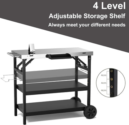 ERGOMASTER Grill Table Cart, Outdoor Kitchen Island with 4-Position Adjustable Shelf, Stainless