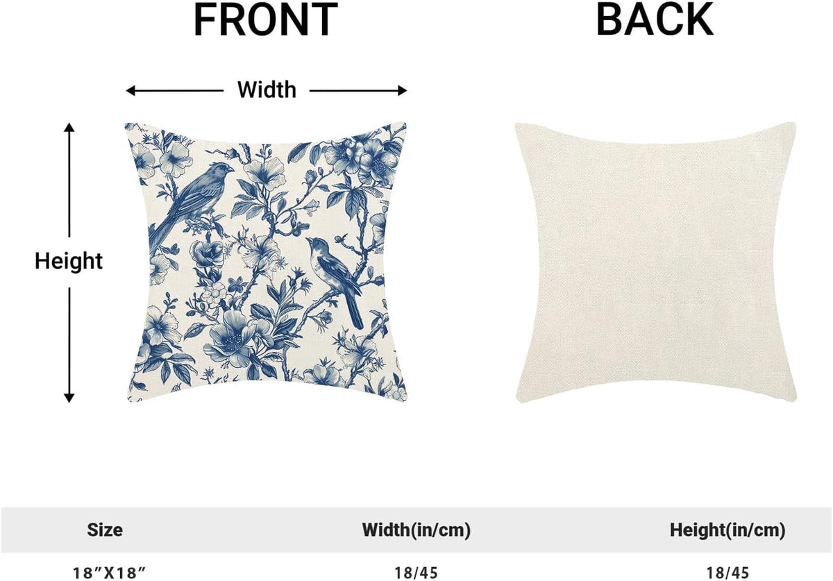 Navy Blue Spring Floral Pillow Covers 18 x 18 Inch Set of 2 for Chinoiserie Vintage Flowers Bird