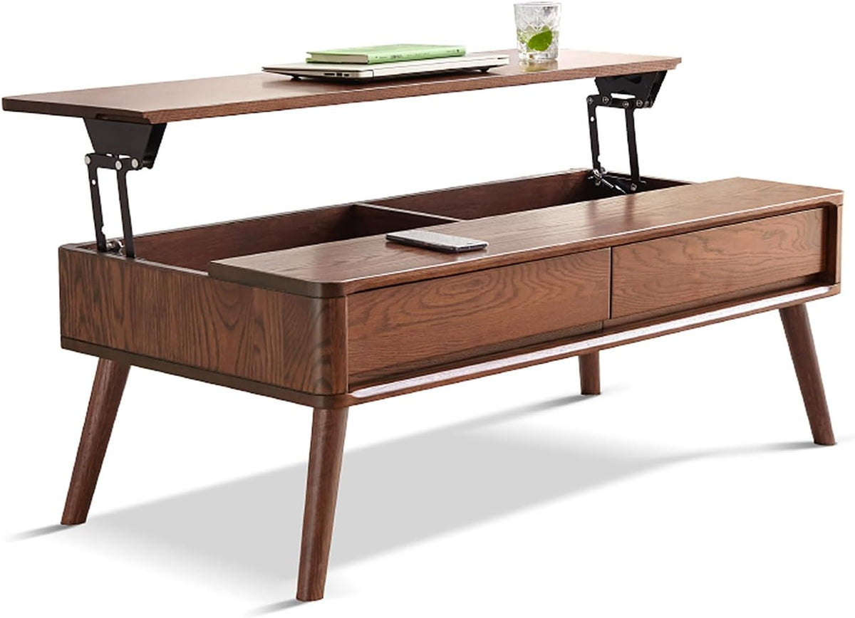 100% Solid Wood Lift Top Coffee Table for Living Room, Mid Century Modern Tables with Drawers and