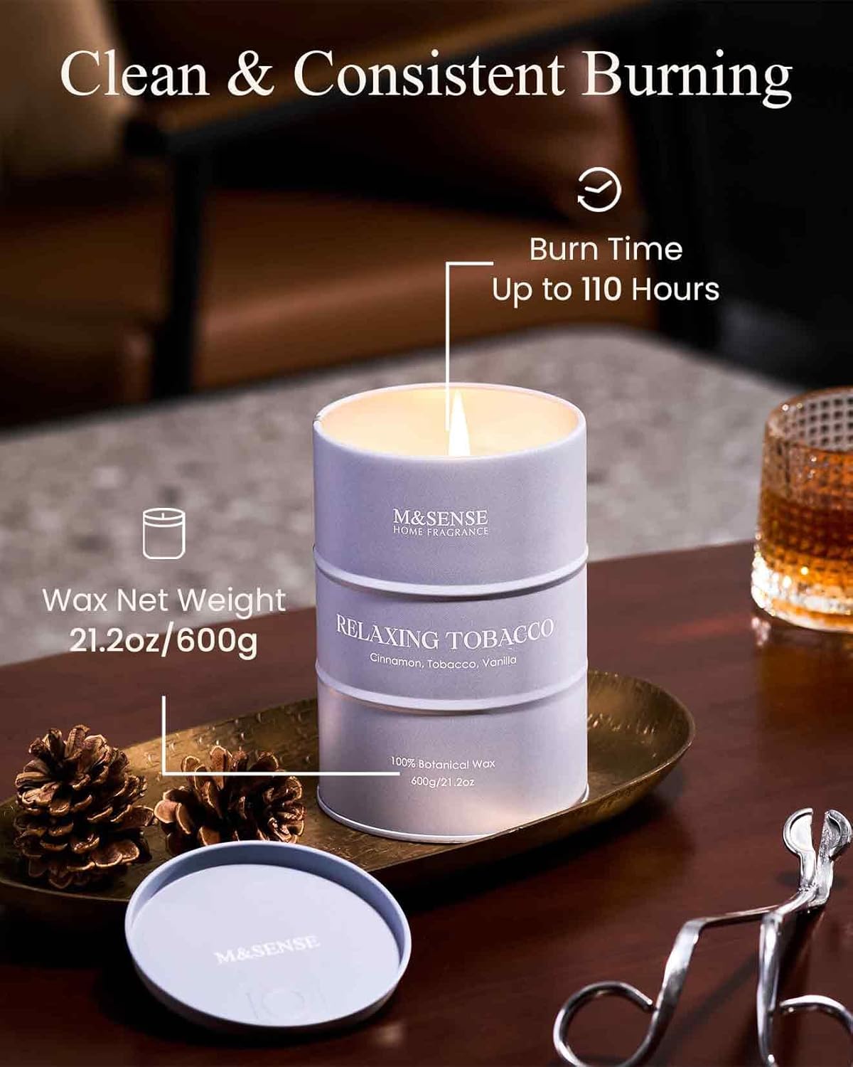 M&SENSE Tobacco Scented Candles Large, Natural Soy Candles 21.2oz 120 Hour Slow