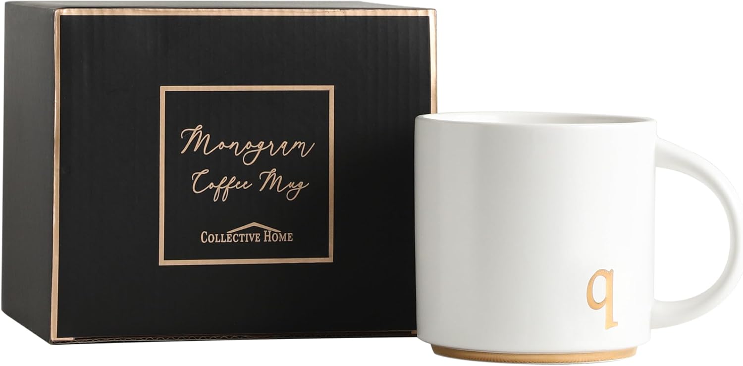 COLLECTIVE HOME - Monogram Ceramic Mugs, 15 oz Golden Initial Coffee Cups, Elegant Alphabet Tea