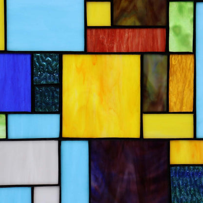 Bieye Geometric Color Block Tiffany Style Stained Glass Window Panel with Hanging Chain (13x24