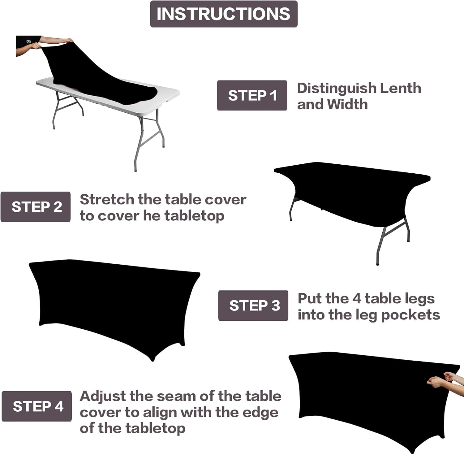 IVAPUPU 8FT Spring Table Cloth for Rectangular Fitted Events Stretch Black Table Covers Washable