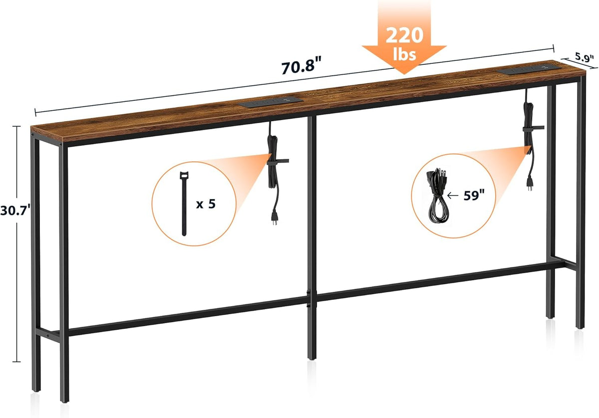 Narrow Sofa Table with 2 Power Outlets, 71” Thin Console Tables Narrow Long, Behind Couch Table