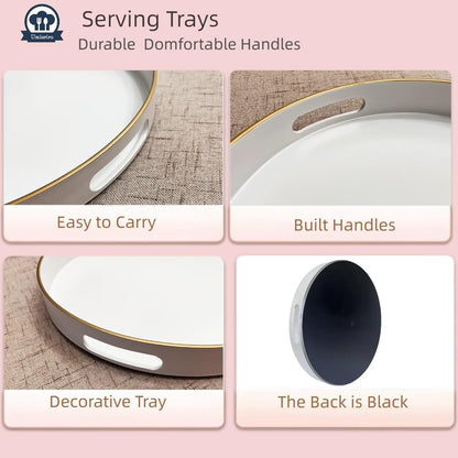 13" Round Decorative Tray, White Serving Tray with Handles, Plastic Coffee Table Tray for Ottoman