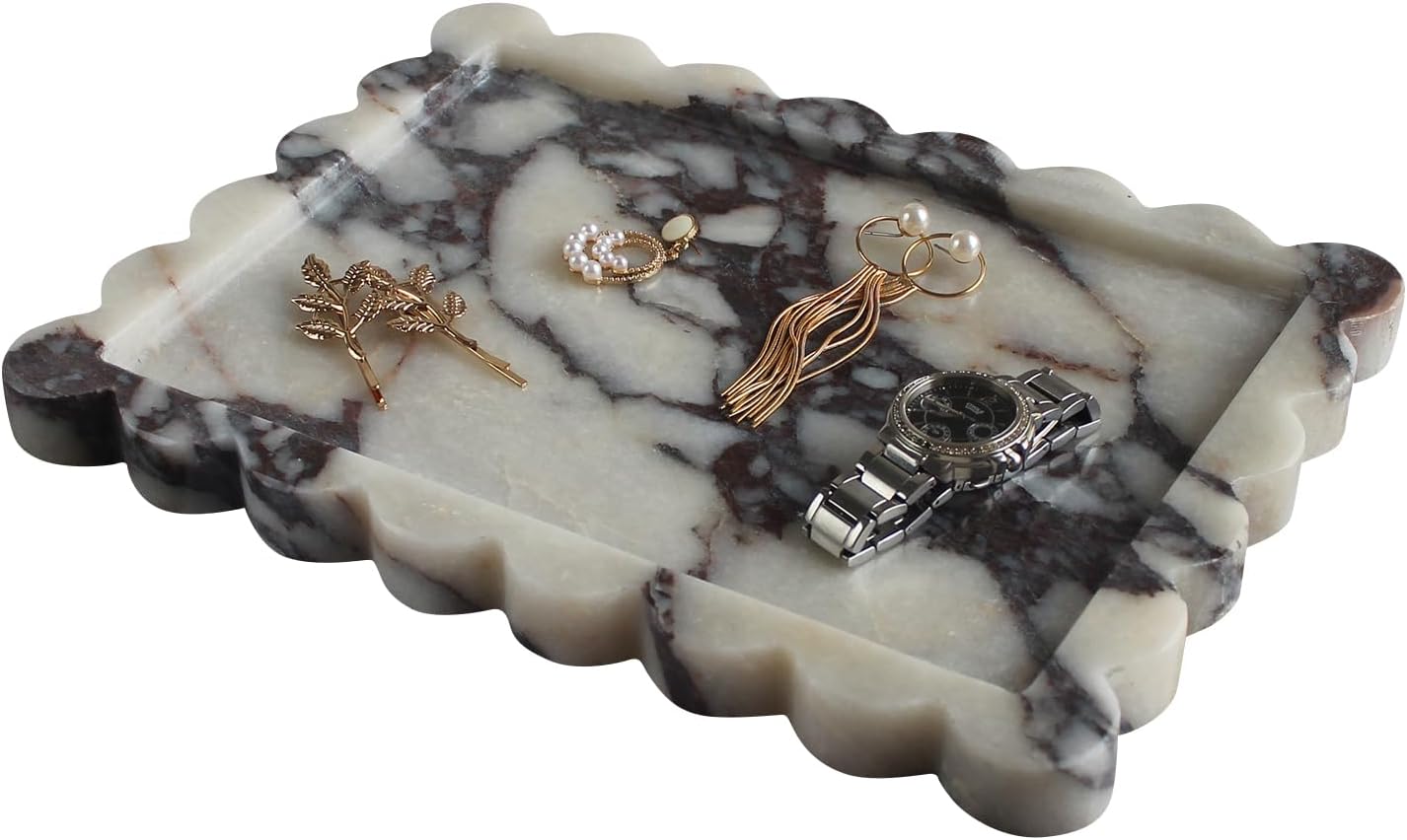 Natural Luxury Scalloped Marble Tray 10.8"x8", Rectangle Vanity Tray for Bathroom Kitchen Counter
