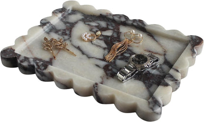 Natural Luxury Scalloped Marble Tray 10.8"x8", Rectangle Vanity Tray for Bathroom Kitchen Counter