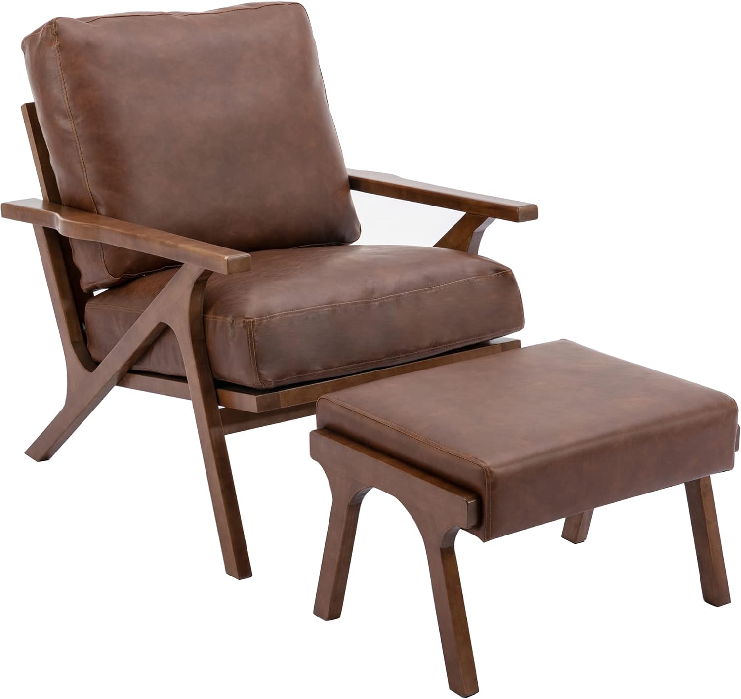 Mid Century Modern Accent Chair with Ottoman, Farmhouse PU Upholstered Living Room Armchair and