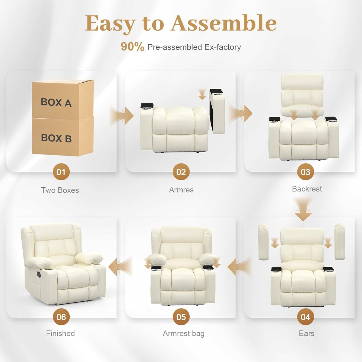 Recliner Chair for Adults, Oversized PU Leather Manual Pull Tab Reclining Chair with Cup Holders