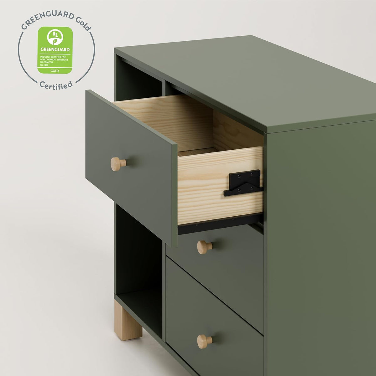 Storkcraft California 3 Drawer Combo Dresser (Olive with Driftwood) – GREENGUARD Gold Certified