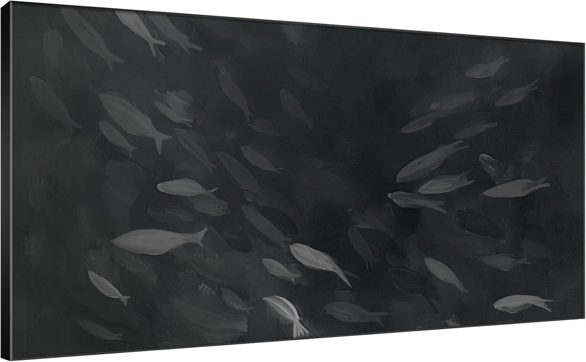 SIGNWIN 24"x46" Extra Large Framed Wall Art Monochrome Fish Silhouettes Illustration for Home