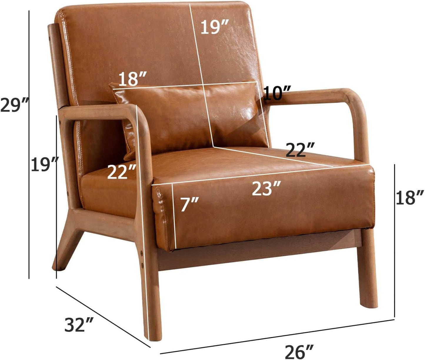 INZOY Mid Century Modern Accent Chair with Wood Frame, PU Leather Reading Armchair with Waist