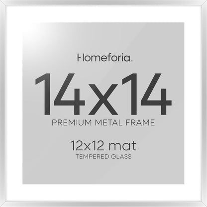 Homeforia Silver 14x14 Picture Frame, High End Metal 14 x 14 Square Frame with Mat 12 x 12 Photo
