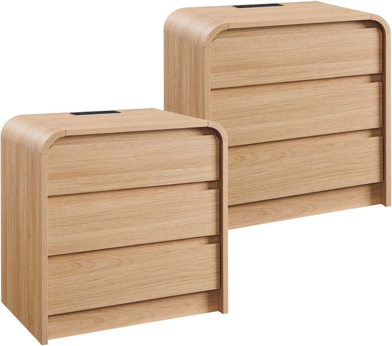 25" Tall Modern Nightstand Set of 2, 23.6" Wide Wood Bedside Table with Charging Station, 3 Storage