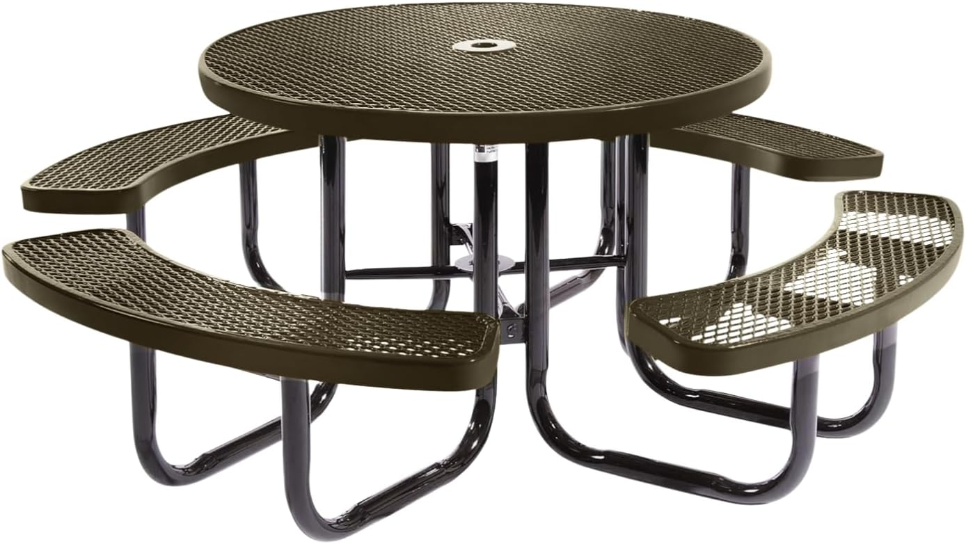 Heavy-Duty Portable Outdoor Picnic Table with Umbrella Hole, Expanded Metal Commercial-Grade Patio