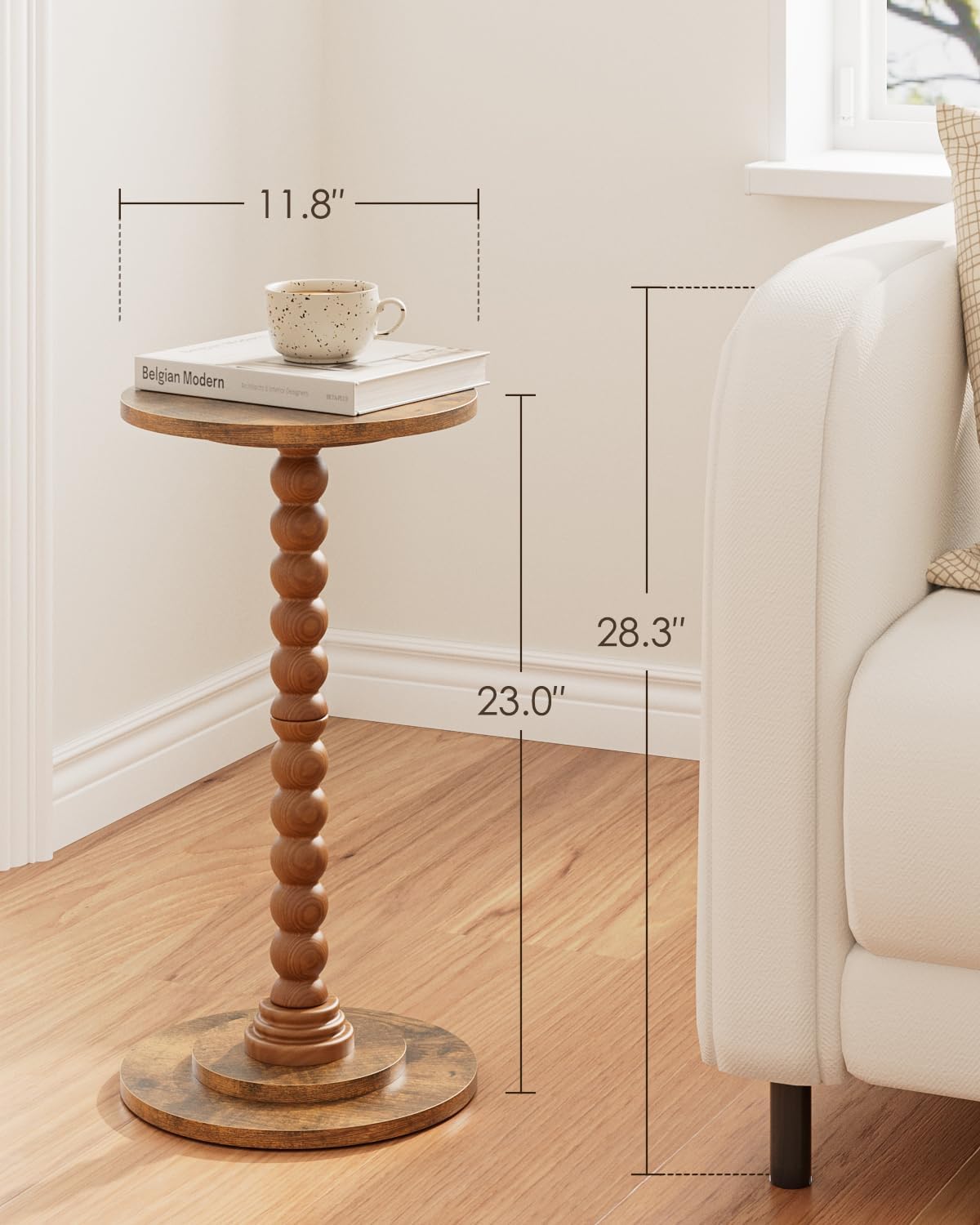 Masupu Round Side Table, Small End Table for Small Spaces, Pedestal Drink Table with Solid Wood Leg