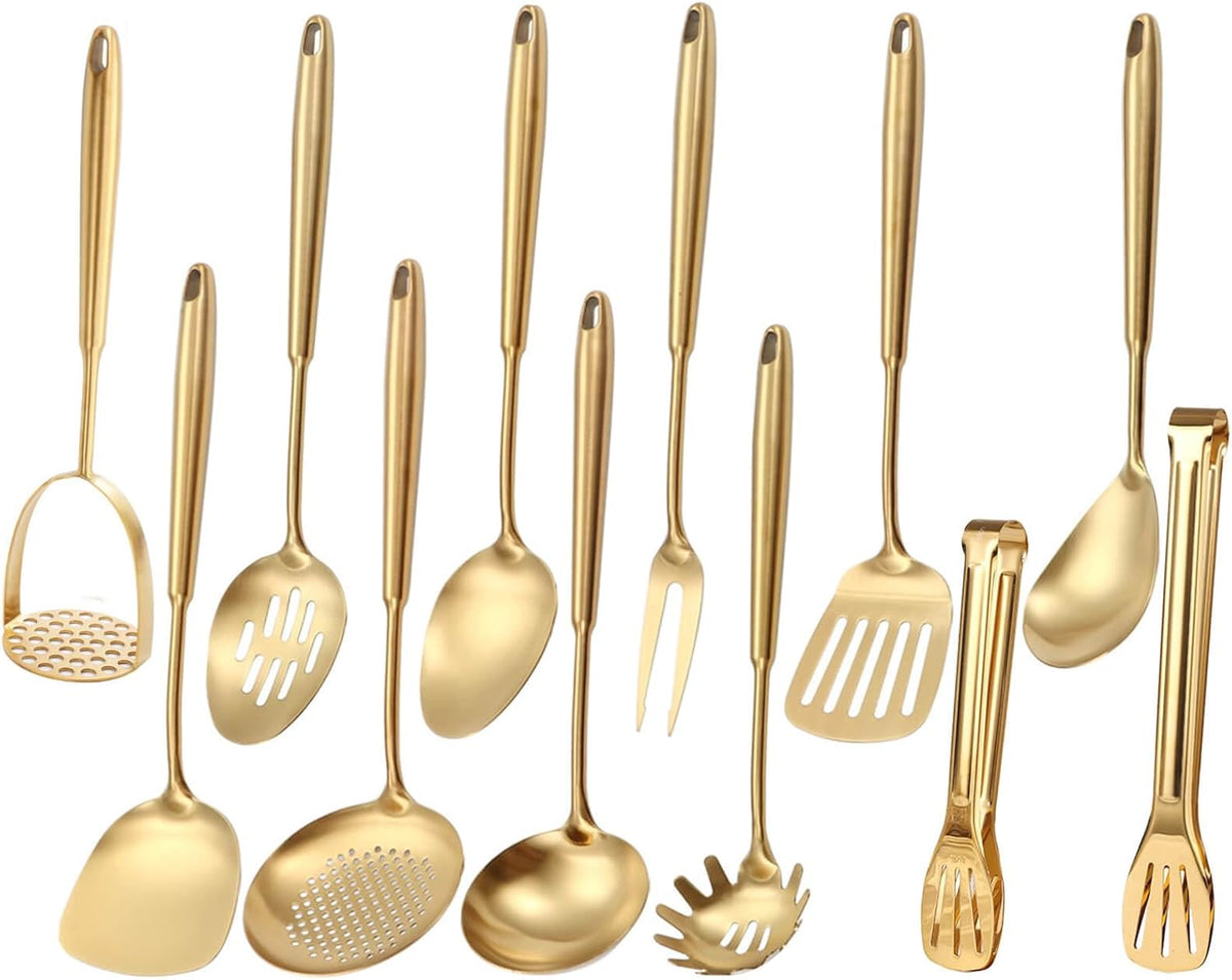 Gold Kitchen Utensils Set, 12 PCS Brass Matte Serving Utensils, 18/10 Stainless Steel All Metal