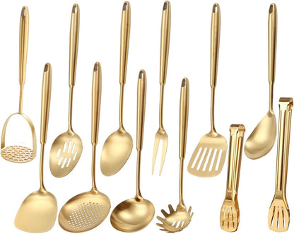 Gold Kitchen Utensils Set, 12 PCS Brass Matte Serving Utensils, 18/10 Stainless Steel All Metal