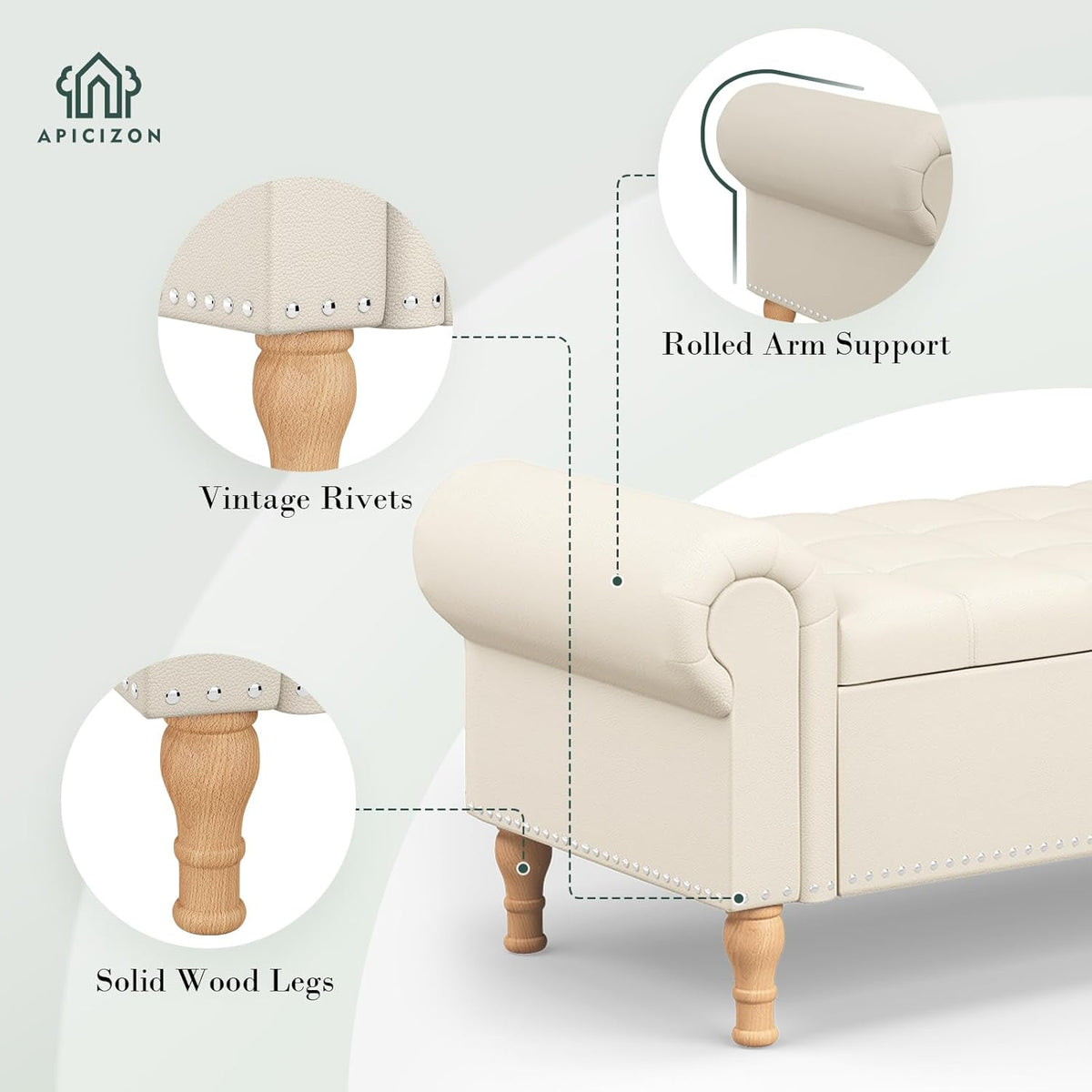 Apicizon 51”Storage Ottoman Bench, Soft Faux Leather Indoor Bench with Rolled Arm and Vintage