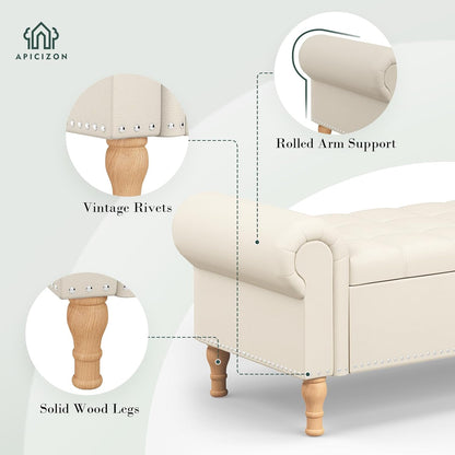 Apicizon 51”Storage Ottoman Bench, Soft Faux Leather Indoor Bench with Rolled Arm and Vintage
