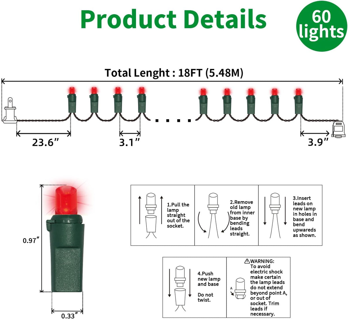 60 Count Red -String Lights - LED Christmas Lights, Mini led Lights for Indoor Outdoor Home Holiday