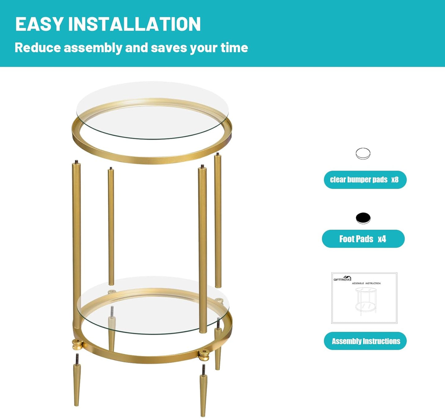 2 Tier Round Side Table, Gold End Table with Glass Top, Modern Metal Clear Coffee Tables, Small