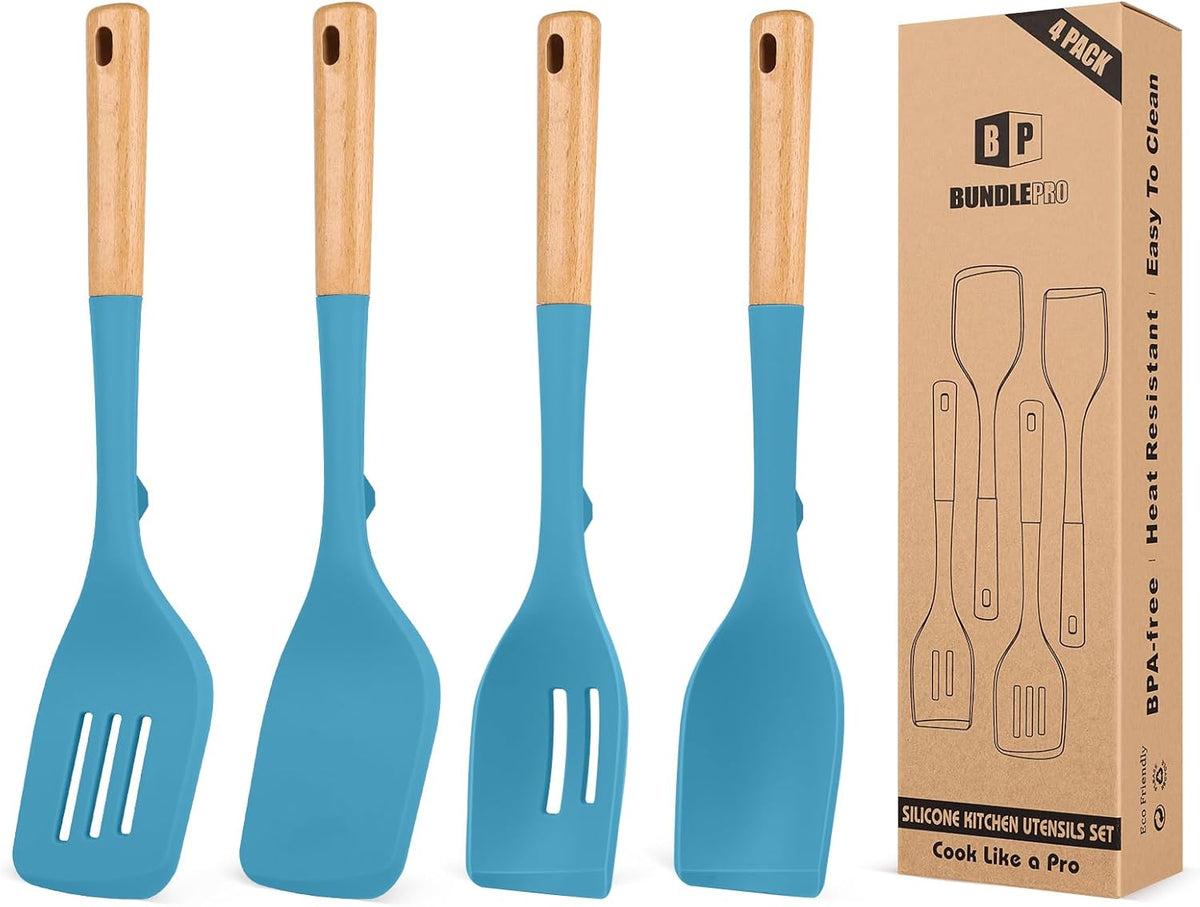 Pack of 4 Silicone Kitchen Utensils Set, Non Stick Solid Spatulas and Heat Resistant Slotted Spoons