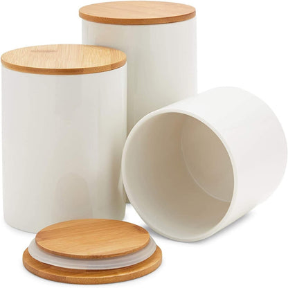 Farmlyn Creek Set of 3 White Ceramic Canisters with Airtight Wooden Bmaboo Lids - Kitchen Counter